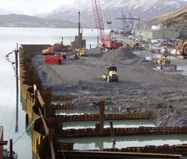 Open cell sheet pile containment system under construction at Dutch Harbor, Alaska. Photo source: US Army Corps of Engineers 2011 report.
