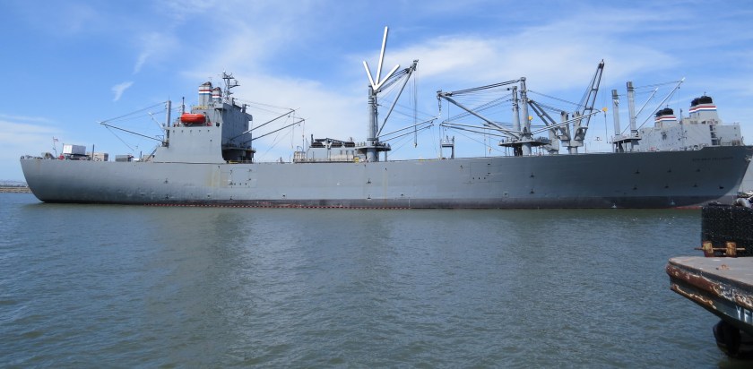 The maritime ready reserve ship Admiral William Callaghan stationed at Alameda Point.  Arrow indicates nest location.  Viewed from Pier 3 next to USS Hornet.