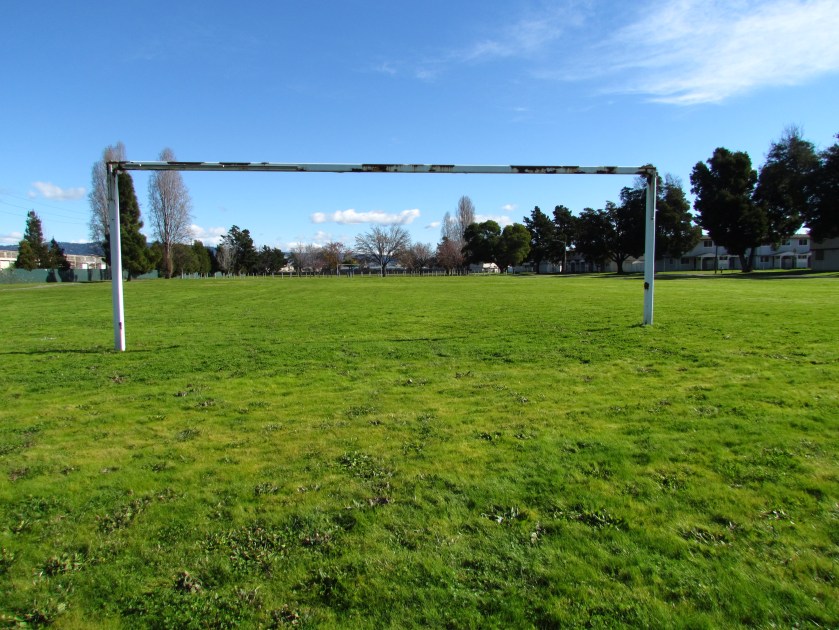 Estuary Park soccer field.  Looking east.  Alameda Landing and new Target store is past the tree line in the distance.
