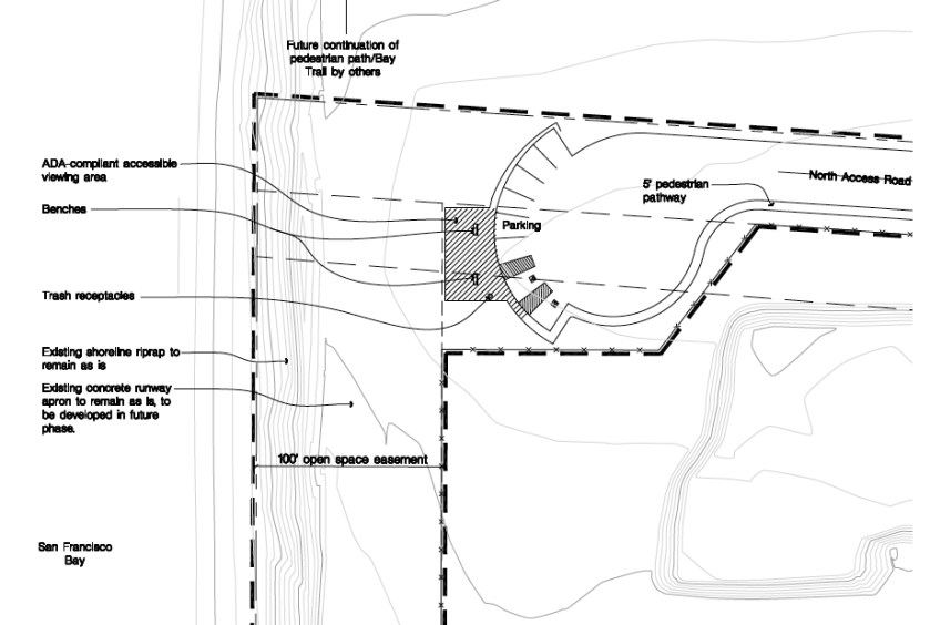 Shoreline public access site on VA property.  San Francisco Bay to the left.