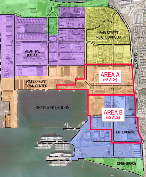 Area A, Area B - development areas