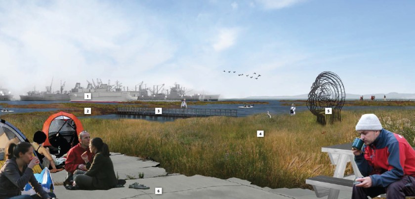 Looking toward the Seaplane Lagoon in conceptual drawing for De-Pave Park.  No drawings are offered to inform viewers that directly behind this vantage point are old industrial buildings that will be allowed to stay "if needed."  There is currently no plan to remove the industrial buildings.