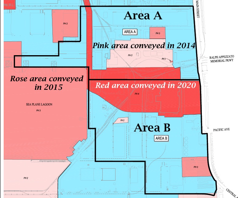 Proposed development areas A and B outlined on Navy land conveyance schedule map.