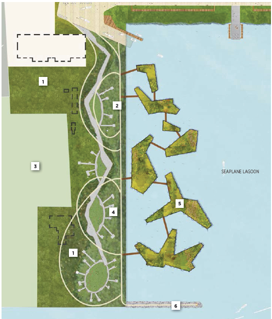 2014 plans for west side of Seaplane Lagoon show buildings in dashed lines.  Active leasing of buildings currently underway suggests buildings should be in solid lines and wetland in gray.