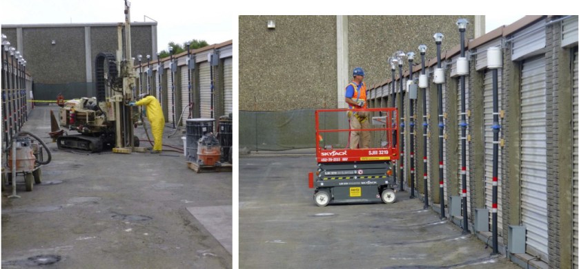 Site 13 at Alameda Point Storage with vent stacks installed by Navy to allow oxygen interchange with groundwater bacteria. Navy photo.