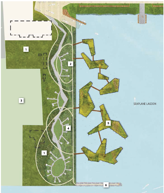 Landscape Plan for west side of Seaplane Lagoon adopted in July 2014 showing buildings  (dashed lines) remaining.  Building 25 is at upper left in light-colored area.  