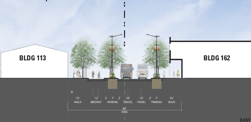 New alignment of Ferry Point Road, looking north with Buildings 113 and 162 that will be reused.