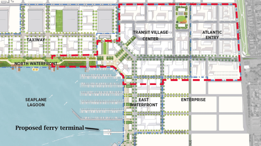 Note that the developer proposal makes modifications to the precise plan adopted by the city in July 2014 (partial view shown above). Developer will construct new ferry terminal in Seaplane Lagoon near Site A. The Water Emergency Transportation Authority has not yet completed their study of moving the Main Street ferry terminal to the Seaplane Lagoon.