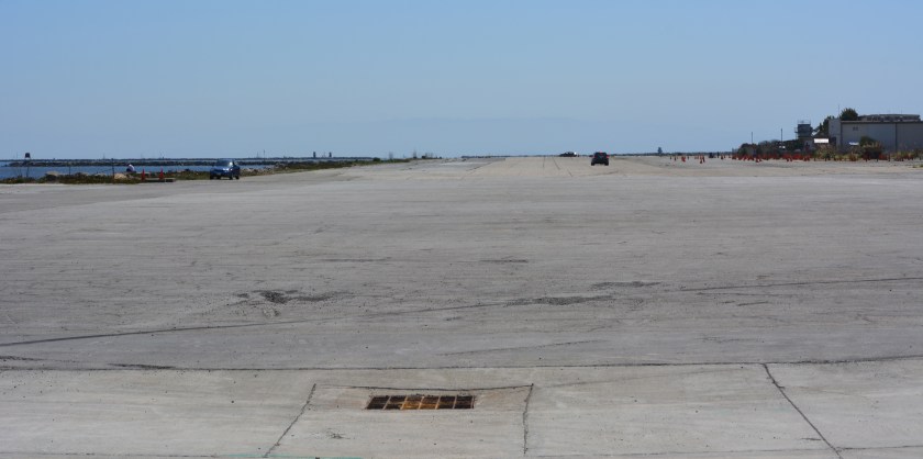 The distance to walk to the Bay shoreline from the gate, at the west side of Seaplane Lagoon, looking south.  