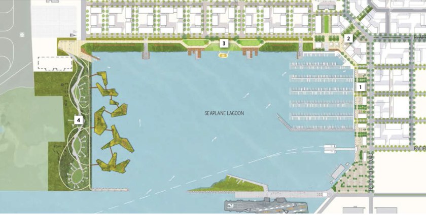 Waterfront plan showing proposed natural park on west side (left) of Seaplane Lagoon.