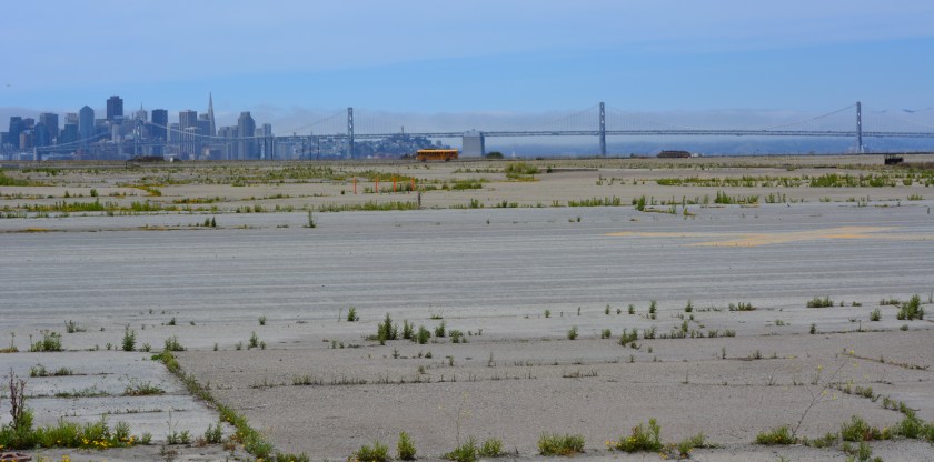 Least tern tour bus parked next to the nesting area on former Navy airfield.  San Francisco is in the background.