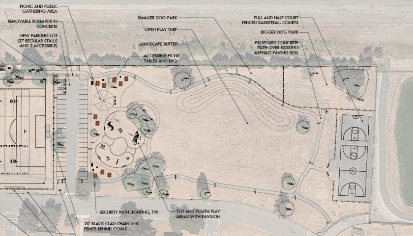 Close-up of community park section of Estuary Park, with dog park located in upper portion.