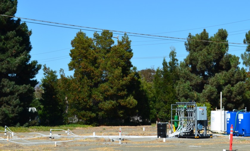 Air injection/extraction system operating at W. Pacific Avenue gas station site in 2013 and 2014. System extracts and captures petroleum vapors. 