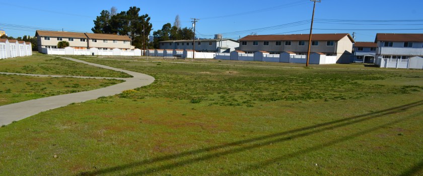 Center courtyard in former Navy housing area called North Housing. Looking north/northeast.