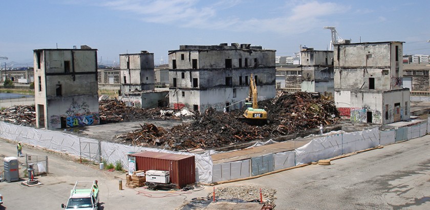 Wooden debris being cleaned up after a fire destroyed the abandoned Navy hospital in 2009. Location is about 100 feet west of Target at Alameda Landing. Looking northwest. Photo used by permission from City of Alameda.