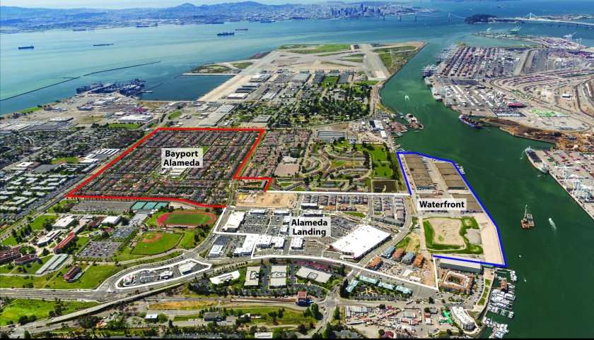 Outline of areas developed by Catellus - Bayport and Alameda Landing - with final waterfront phase. Alameda Point is in the background. Courtesy of Catellus.