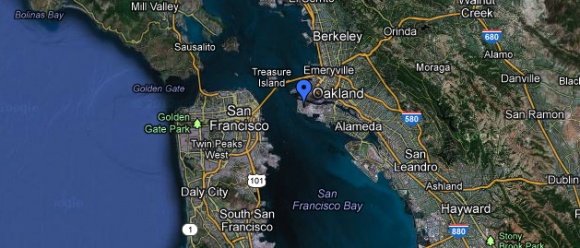 Alameda Point on San Francisco Bay marked by blue pin. Google Earth map.
