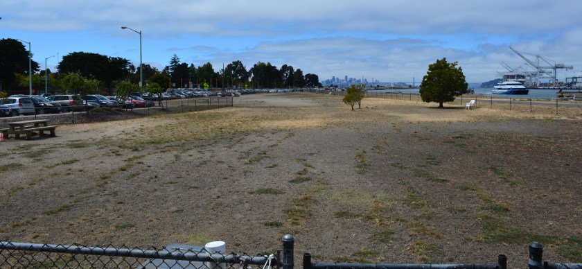 Dog park on Main Street next to ferry terminal parking lot. Looking west with San Francisco in background.