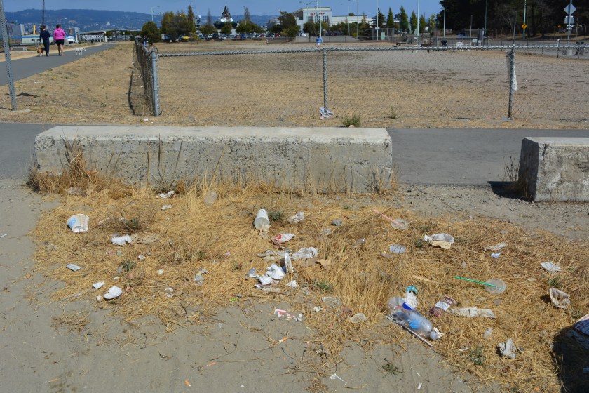 City-owned unpaved overflow ferry parking lot, with dog park and terminal in background. 
