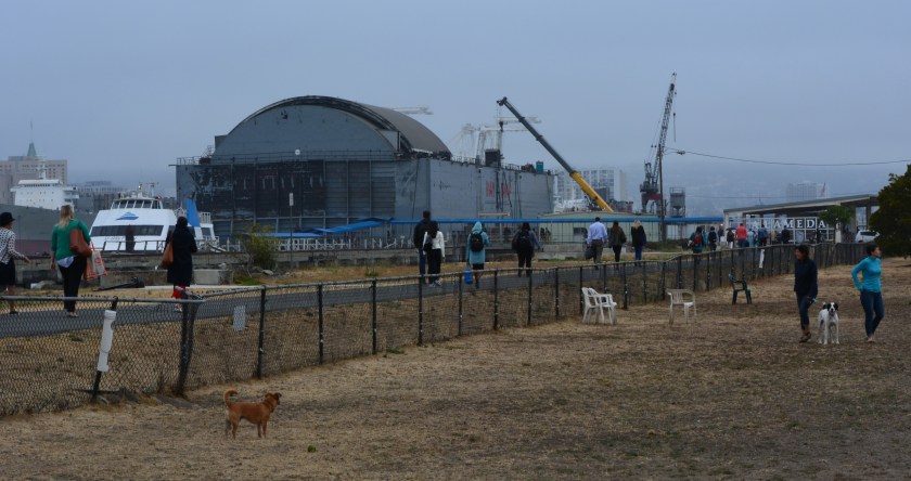 Ferry riders walking to terminal alongside dog park.