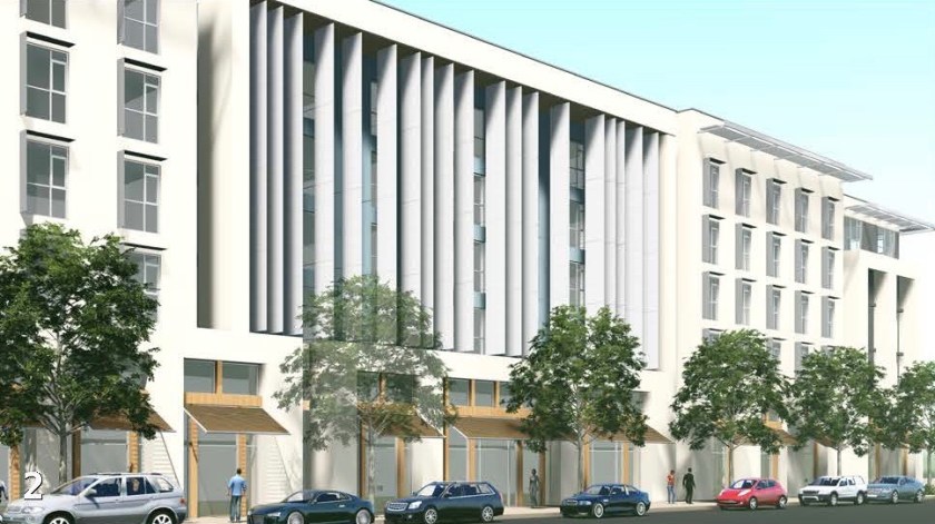 These buildings are planned for Alameda Point's sustainable transit-oriented residential and commercial area. Preparation of the Waterfront Town Center Specific plan was carried out with $200,000 in funding from the Metropolitan Transportation Commission (MTC). The agency now says it expects more in this area and existing neighborhoods in Alameda. The city says it expects transit funding. The architecture echoes the Art Moderne style of the former Naval Air Station buildings.