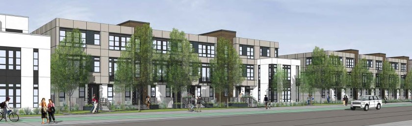 Artist's rendering of approved mixed-use buildings in transit-oriented development breaking ground at Alameda Point in Fall of 2016.