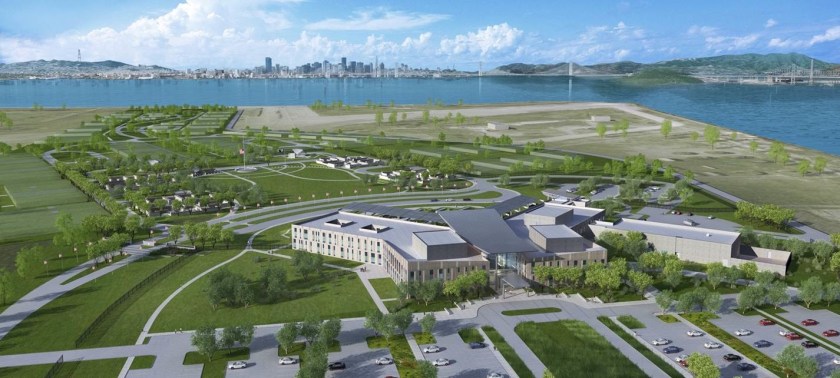 U.S. Department of Veterans Affairs (VA) plans for outpatient clinic, medical and benefits offices, and a national cemetery at Alameda Point. San Francisco in background.